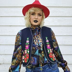 Hungarian Embroidered Floral Rainbow Vintage Bohemian Maximalist Folk Felt Vest